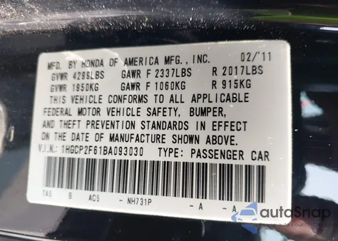 2011 Honda Accord 2.4 Se from USA, damaged, VIN 1HGCP2F61BA093030